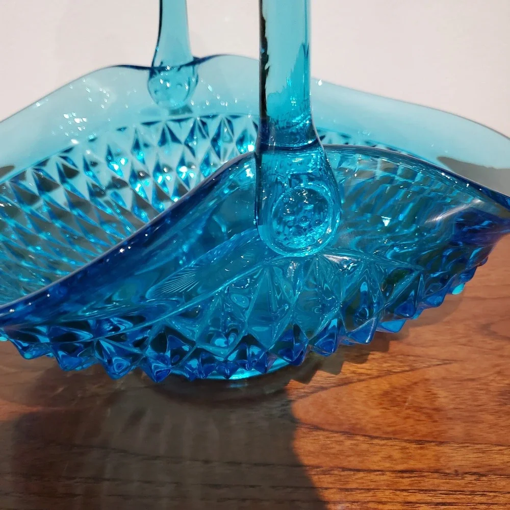 Vintage Tiara Exclusives Horizon Blue Diamond Point Glass Basket Centerpiece 70s